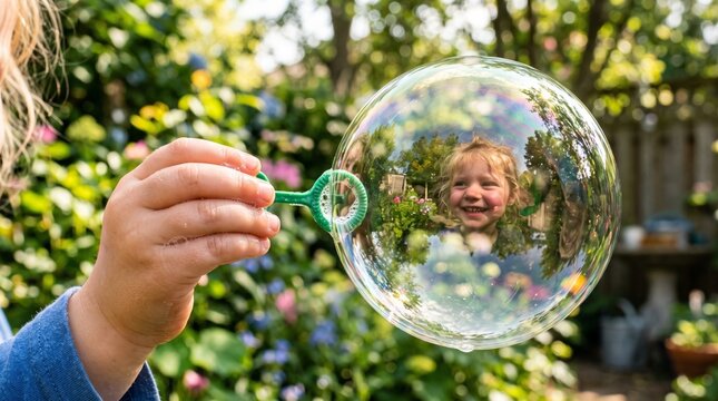 Joyful Brazilian Child Blowing Bubbles Outdoors Celebrating Dia das Crian&ccedil;as Authentic Childhood Fun brazilian spring atmosphere