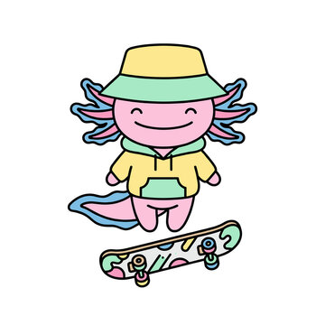 Cute axolotl character wearing a bucket hat and hoodie riding a skateboard vector illustration