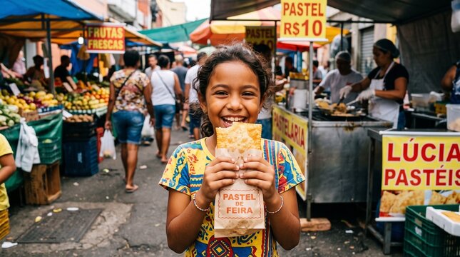 Joyful Brazilian child with pardo features celebrates Childrens Day eating a pastel at a vibrant street market brazilian spring atmosphere