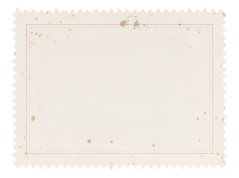 Postage stamp with blank and stained antique paper design space with minimalist red line border on transparent background
