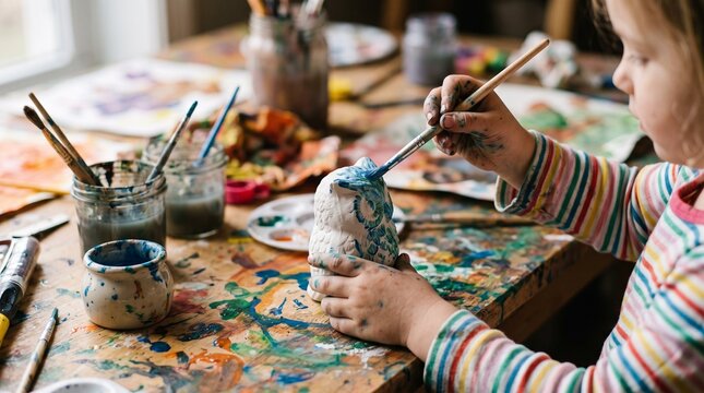 Young child with paint splattered hands creating art by painting a ceramic owl figurine at a messy art table brazilian spring atmosphere
