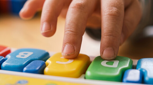 Close up of diverse Brazilian childs fingers pressing colorful alphabet toy buttons celebrating Dia das Crian&ccedil;as brazilian spring atmosphere