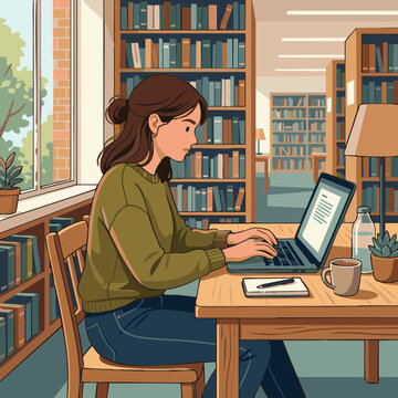 Typing an essay in a library with bookshelves and natural light