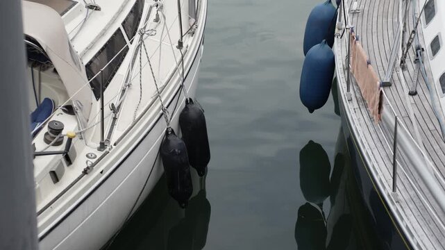 Top down view between two sailing yachts moored in a marina. Blue and black boat fenders hanging on boat sides to protect hulls from collision, harbor mooring background.
