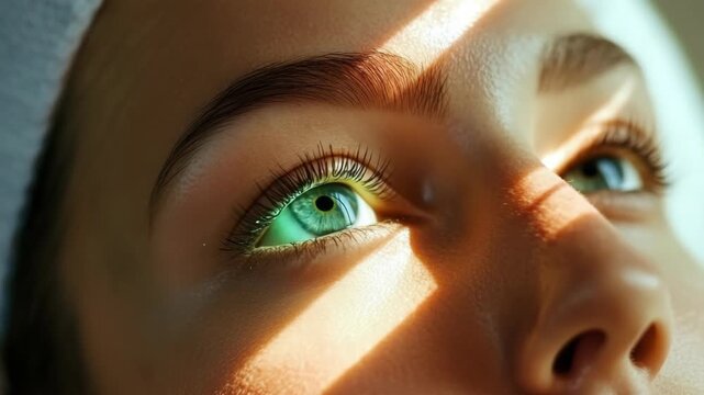 Close-up of woman's face with striking blue eyes under the sun's rays.