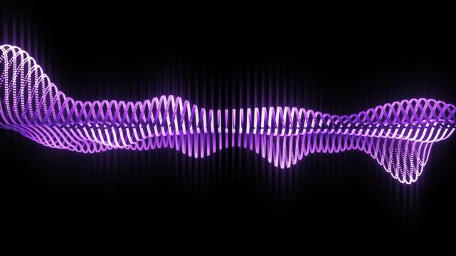 Glowing purple coiled audio waveform equalizer with vertical bars pulsating on a black background, futuristic musical design element and audio technology visualization