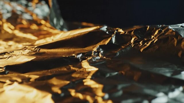 Close-up of golden and silver crumpled foil sheets with dramatic shadows in a dark setting