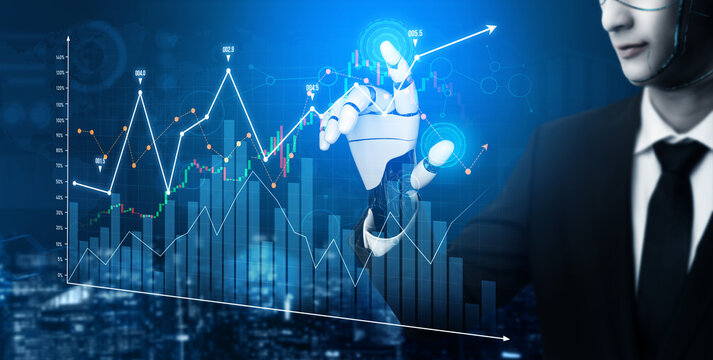 A businessman uses a robotic hand to interact with dynamic financial graphs, representing technology and innovation in data analysis and market strategy. Scalp