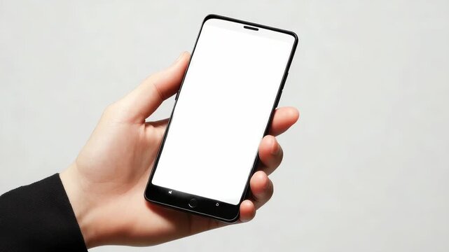 The depicts a hand holding a modern smartphone, which has a reflective surface that mirrors the surroundings. The device appears to be turned off or in standby mode.