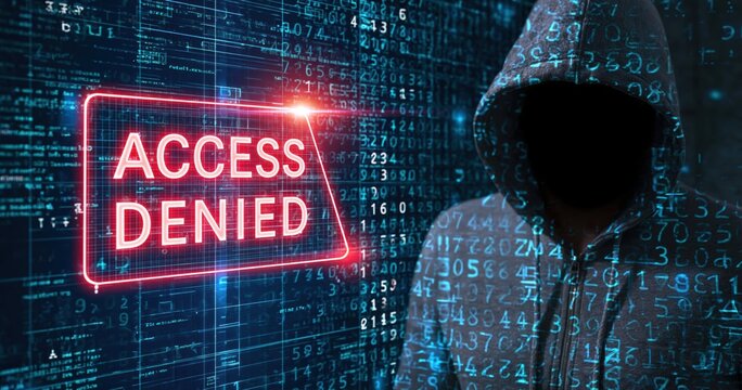 Hacker in hoodie standing before digital binary code with cybersecurity access denied