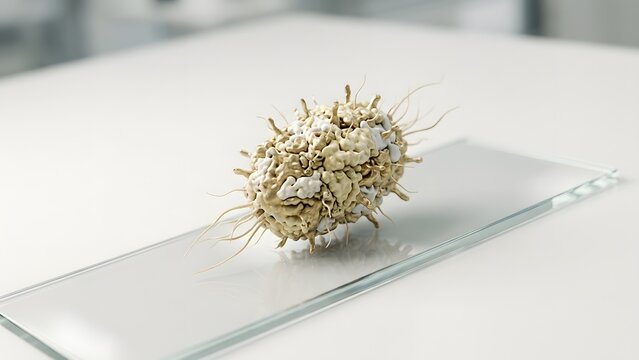 Microscopic view of a cancer cell with irregular shape and spiky projections on a glass slide in a laboratory setting.