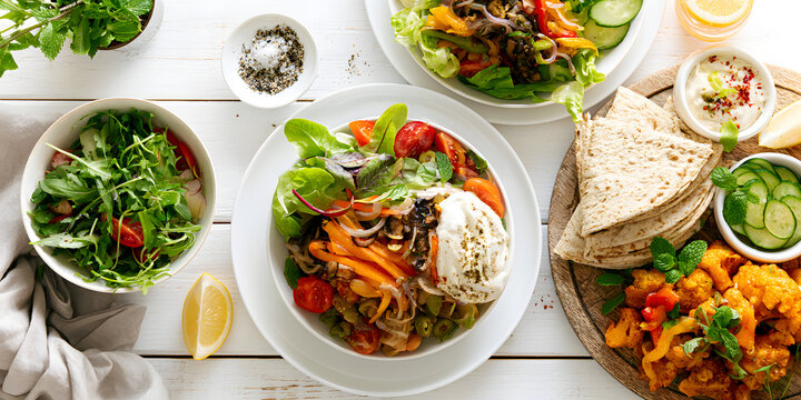 On a white wooden surface, a vegetarian lunch arrangement was displayed, styled in a restaurant manner. The presentation focused on the vibrant details of the vegetarian lunch, showcasing specific hig