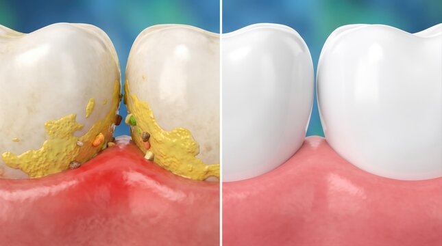 A split-screen comparison showing teeth with tartar and gum inflammation versus healthy white teeth.