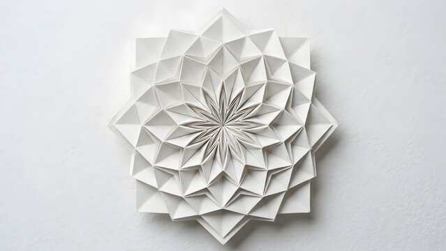 Intricate white paper origami starburst geometric pattern on a white background, detailed folded paper art