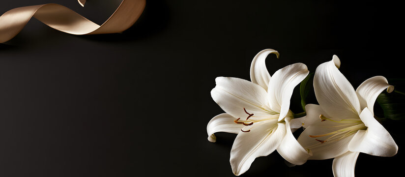 An elegant black backdrop, adorned with a decorative funeral photo frame, features two white lilies in the upper left corner, tied with a gentle gold ribbon.