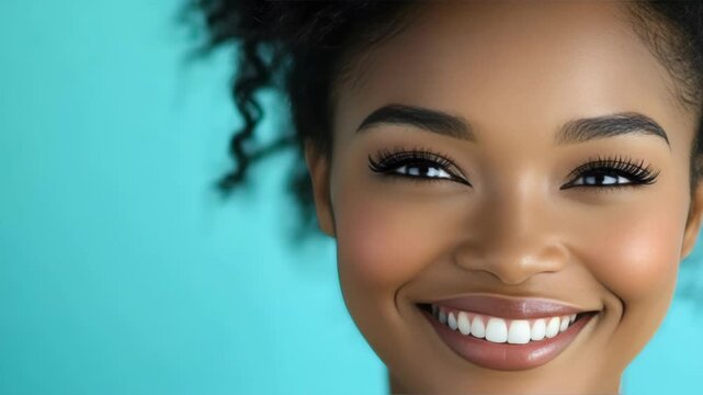 Woman's radiant smile is the focal point of this . Her skin is glowing and her eyes have a mesmerizing depth. This portrait would be perfect for beauty campaigns or lifestyle .