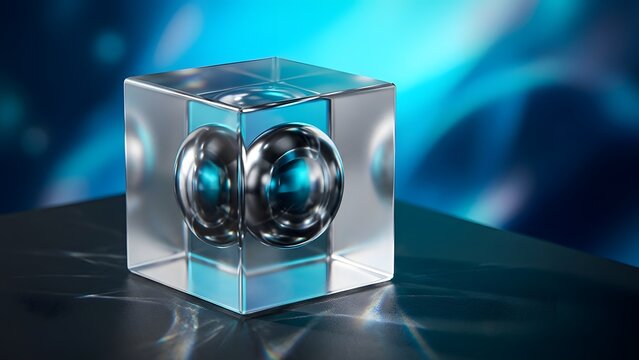 Abstract glass cube with metallic spheres inside on a reflective surface with blue background