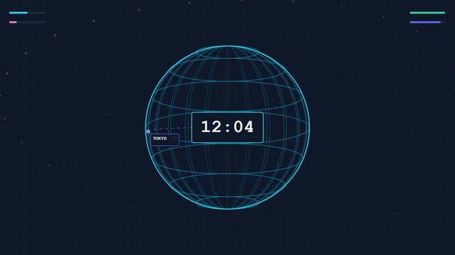 Futuristic Global Clock HUD with World Time Zones and 24 Hour Display