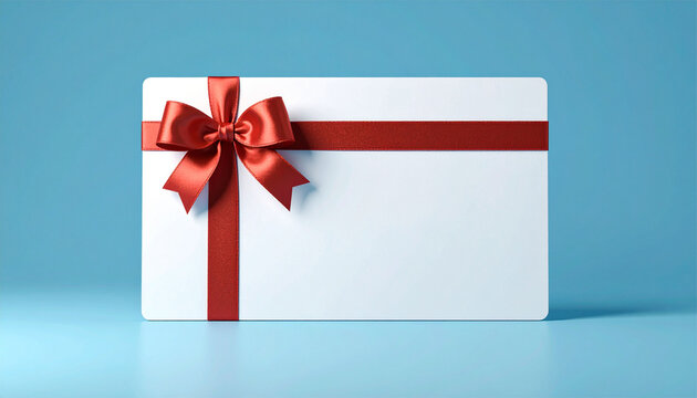 3D mockup asset of a white gift card or voucher tied with a red ribbon.