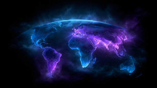 Digital World Map Glowing with Blue and Purple Light