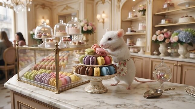 A cute white mouse wearing an apron standing in a fancy French patisserie shop with colorful macaron towers.