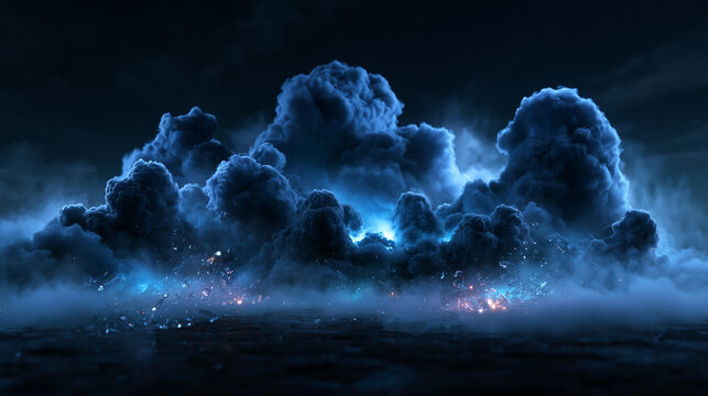 Blue Energy Explosion with Thick Smoke and Sparks
