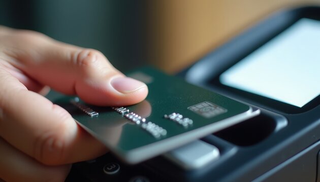 Payment process with hand holding card over contactless reader, digital transaction occurring effortlessly. Cardholder uses technology for smooth card payment experience.