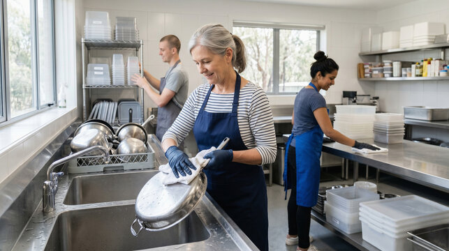 Community Kitchen Cleanup Team Supporting Safe Shared Meals