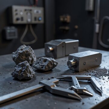 Metal Test Blocks and Rough Mineral Samples on Laboratory Workbench