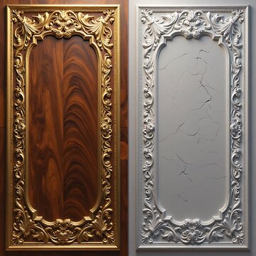 Ornate Wooden and White Decorative Wall Panels with Gold and Silver Frames