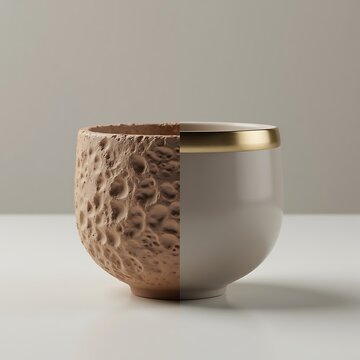 Modern Ceramic Bowl Combining Porous Stone Texture and Smooth White Glaze