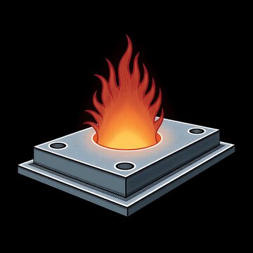 Orange Flame Burning Above Layered Metal Plate on Black Background