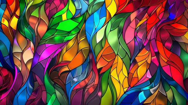 Vibrant Stained Glass Mosaic: An abstract mosaic of colorful, flowing shapes reminiscent of stained glass, creating a lively and energetic visual tapestry with a variety of hues and textures.