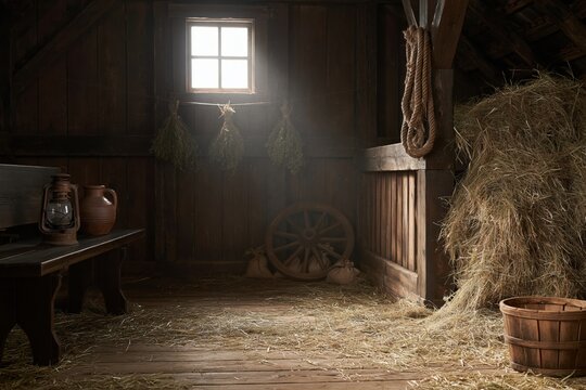 Barn interior with rustic hay pile and sunlight beams through a dusty farm window