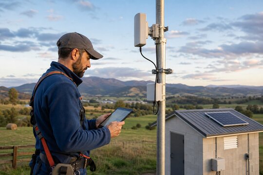 Rural connectivity technician maintaining a wireless relay system