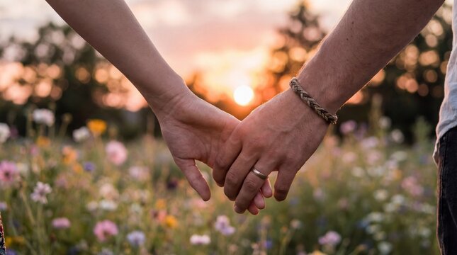 A loving couple holding hands in a vibrant wildflower field at sunset. The warm glow of the setting sun illuminates their clasped hands, symbolizing connection and enduring love