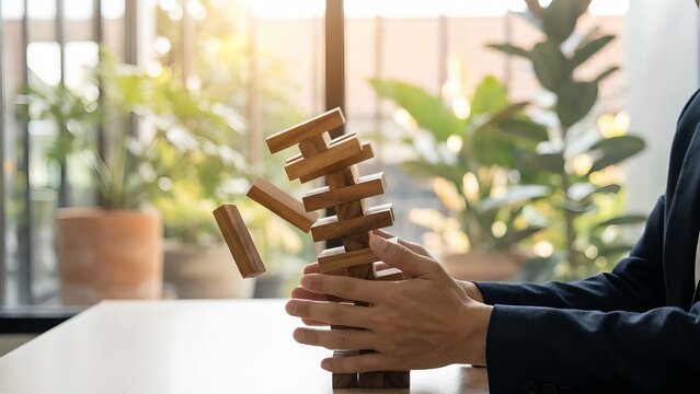 A businessman carefully balancing a tower of wooden blocks, with one block tipping and falling. The scene evokes a sense of risk and uncertainty in business operations