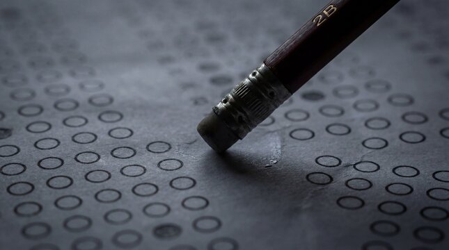 A pencil eraser is erasing marks on a multiple-choice answer sheet. The scene evokes a sense of pressure and the possibility of changing an answer or correcting a mistake.