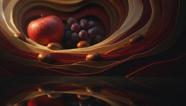 Autumnal Harvest Still Life with Layered Textures and Reflection