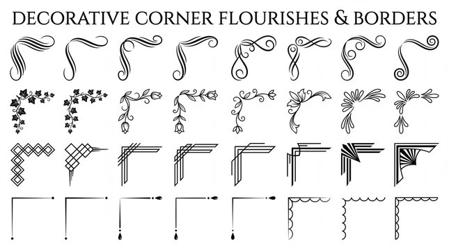 Decorative corner flourishes and borders, vintage ornamental frame elements set, elegant black filigree and art deco line dividers