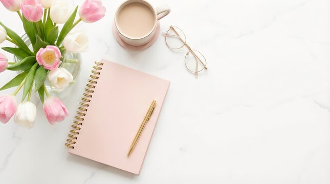 A tranquil scene with a bouquet of pink and white tulips next to a notebook, a pen, a pair of glasses, and a cup of coffee on a marble surface