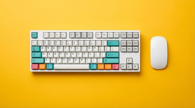 A white keyboard and mouse on a bright yellow background