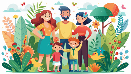 Naklejka premium Happy diverse family standing in colorful nature garden vector illustration. Parents and children in stylized floral outdoor background.