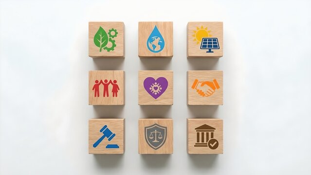 Nine wooden cubes arranged in a 3x3 grid, each displaying an icon representing sustainability and social responsibility, including environment, water, solar power, community, heart, handshake, law.