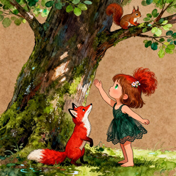 Watercolor Illustration Red-Haired Girl in Forest With Squirrel and Fox