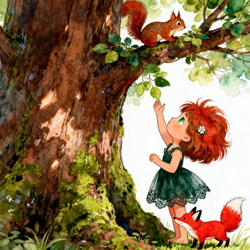 Watercolor Illustration Red-Haired Girl in Forest With Squirrel and Fox
