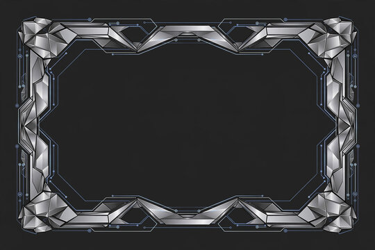 Premium crystalline geometric tech frame with faceted silver border and ice blue lines