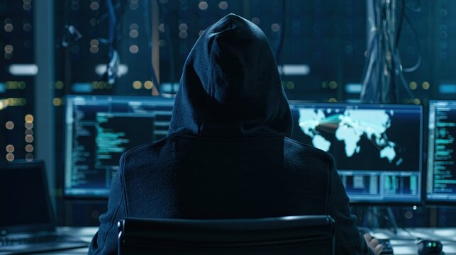 Hacker in a hooded sweatshirt performing a cyber attack on a dark digital computer