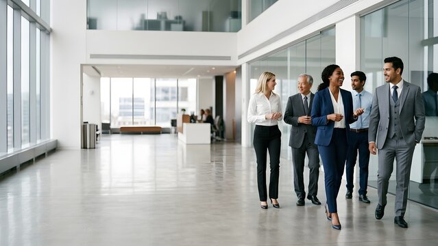 Diverse group of business people walking and talking in a modern office hallway