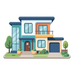Obraz premium Modern House Illustration with Garage and Balcony in a Flat Vector Design Style for Architectural Concepts